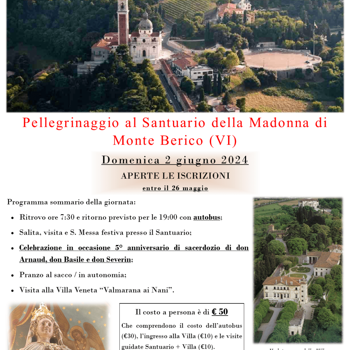 Pellegrinaggio al Santuario di Monte Berico e visita alla Villa&nbsp;Veneta